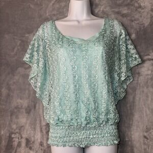 Lavish Top Blouse Women's Small‎ Aqua Lace Short Butterfly Sleeves Lined